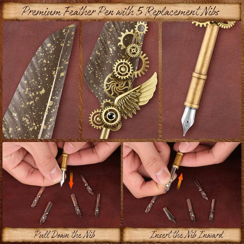GrnVibe Quill Pen and Ink Set,Calligraphy Pen Set for beginners,Feather Pen Set with Leather Notebook,Pen Holder,5 Replaceable Nibs,Bookmark,Letter Writing Kit & Wax Seal Stamp Kit-Calligraphy Pens Gift Set - Image 5